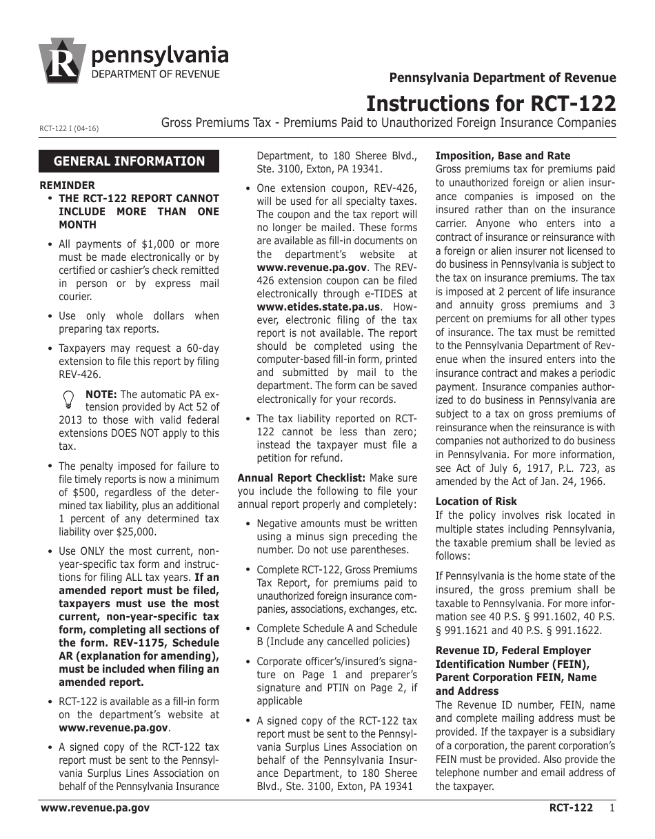 Instructions for Form RCT-122 Gross Premiums Tax - Premiums Paid to Unauthorized Foreign Insurance Companies - Pennsylvania, Page 1
