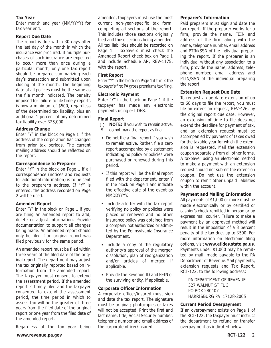 Instructions for Form RCT-122 Gross Premiums Tax - Premiums Paid to Unauthorized Foreign Insurance Companies - Pennsylvania, Page 2