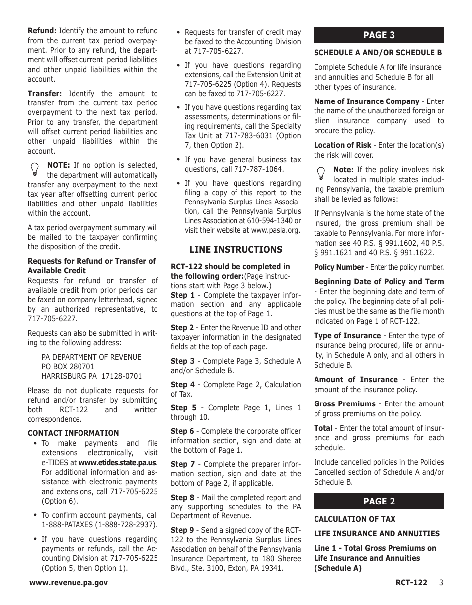 Instructions for Form RCT-122 Gross Premiums Tax - Premiums Paid to Unauthorized Foreign Insurance Companies - Pennsylvania, Page 3