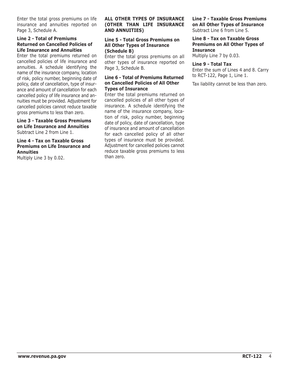 Instructions for Form RCT-122 Gross Premiums Tax - Premiums Paid to Unauthorized Foreign Insurance Companies - Pennsylvania, Page 4
