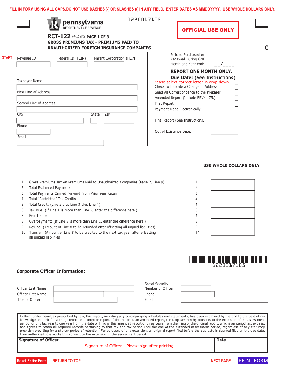 Form RCT-122 Gross Premiums Tax Report - Premiums Paid to Unauthorized Foreign Insurance Companies - Pennsylvania, Page 1