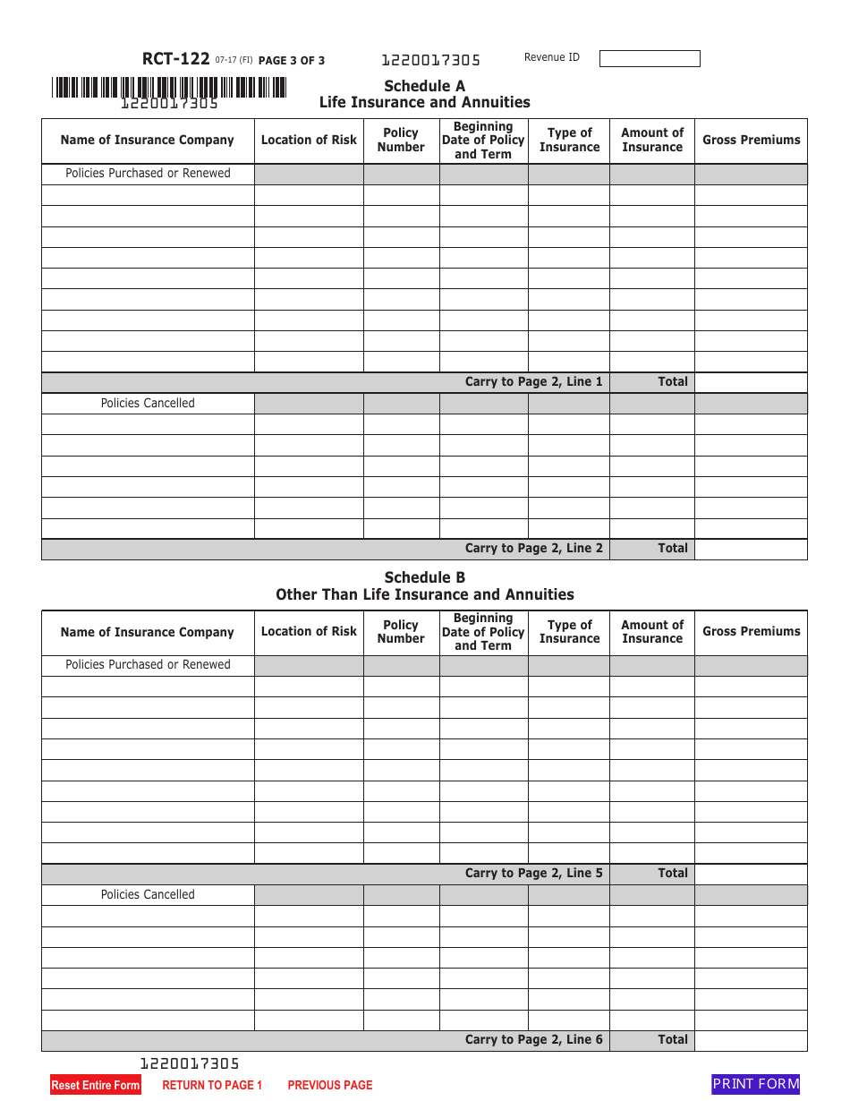 Form RCT-122 Gross Premiums Tax Report - Premiums Paid to Unauthorized Foreign Insurance Companies - Pennsylvania, Page 3