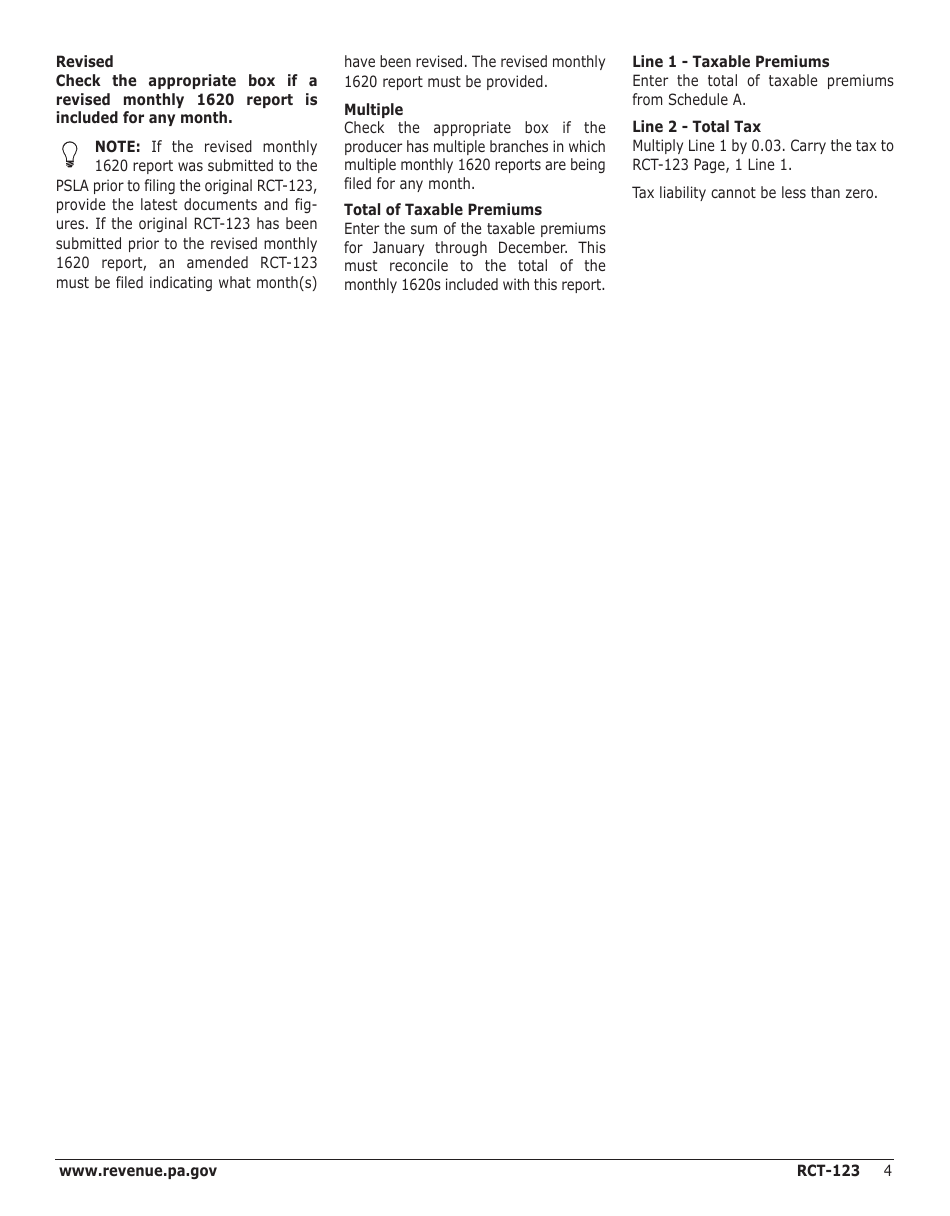 Instructions for Form RCT-123 Gross Premiums Tax - Surplus Lines Agents - Pennsylvania, Page 4
