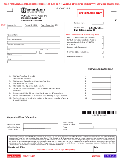Form RCT-123 Gross Premiums Tax Report - Surplus Lines Agents - Pennsylvania