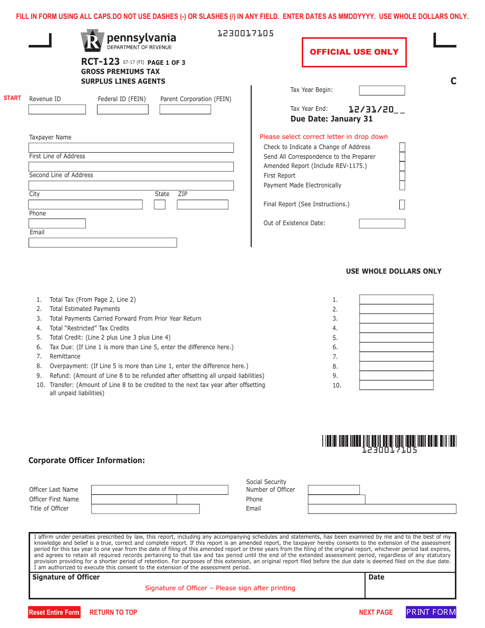 Form RCT-123 Gross Premiums Tax Report - Surplus Lines Agents - Pennsylvania, Page 1