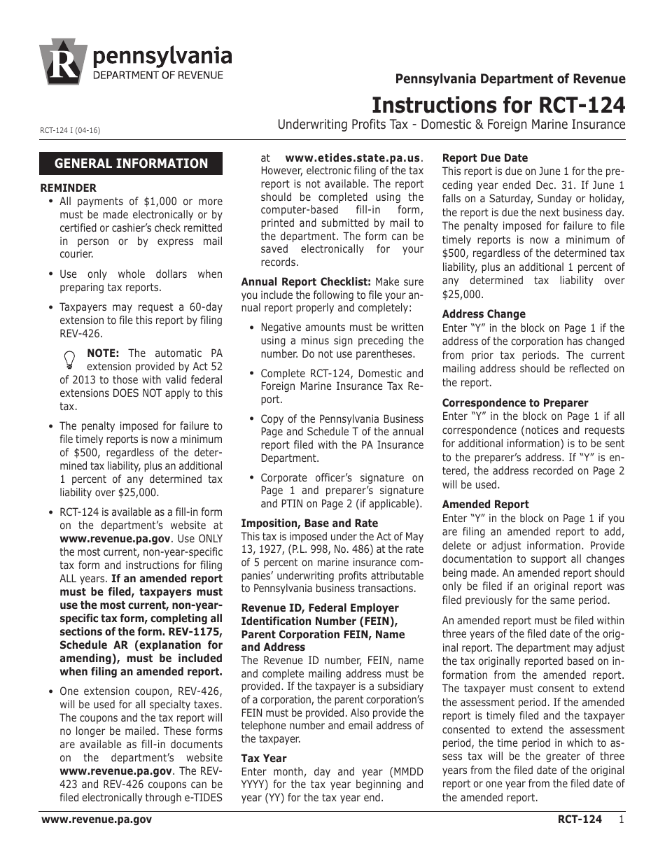 Instructions for Form RCT-124 Underwriting Profits Tax - Domestic  Foreign Marine Insurance - Pennsylvania, Page 1