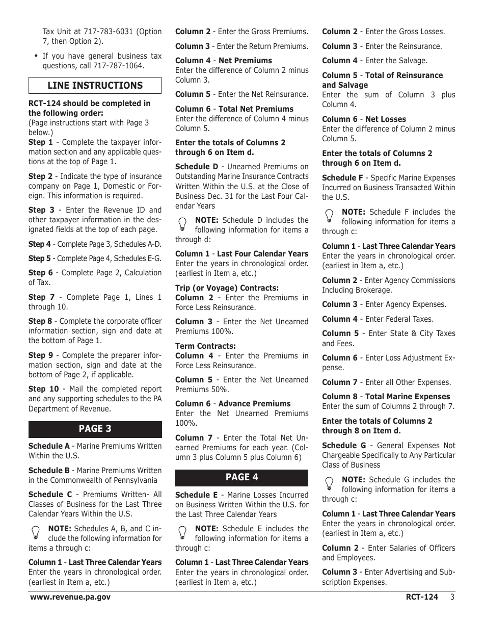 Instructions for Form RCT-124 Underwriting Profits Tax - Domestic  Foreign Marine Insurance - Pennsylvania, Page 3