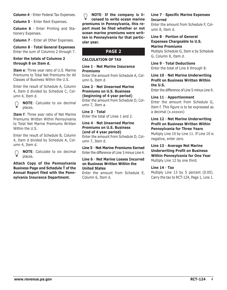 Instructions for Form RCT-124 Underwriting Profits Tax - Domestic  Foreign Marine Insurance - Pennsylvania, Page 4