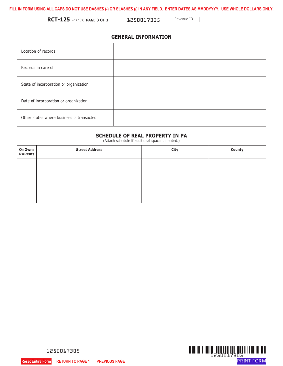 Form RCT-125 Corporate Net Income Tax Report - Cooperative Agriculture Association - Pennsylvania, Page 3