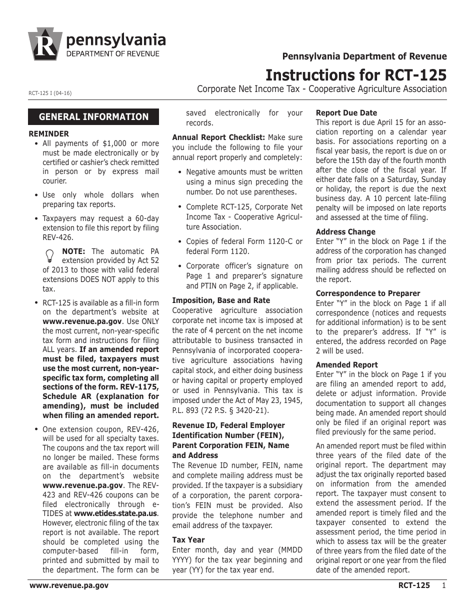Instructions for Form RCT-125 Corporate Net Income Tax - Cooperative Agriculture Association - Pennsylvania, Page 1