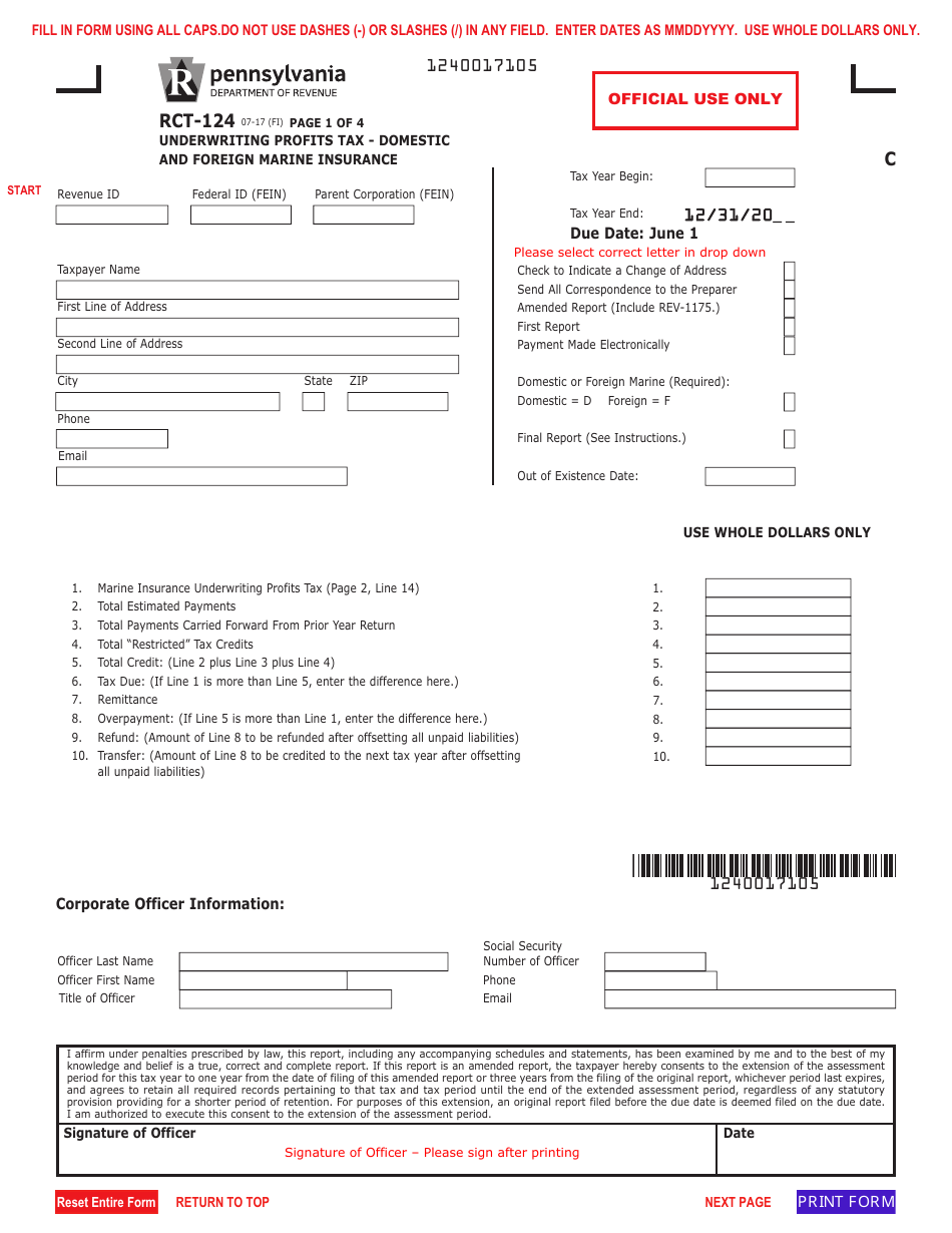 Form RCT-124 Underwriting Profits Tax - Domestic and Foreign Marine Insurance - Pennsylvania, Page 1