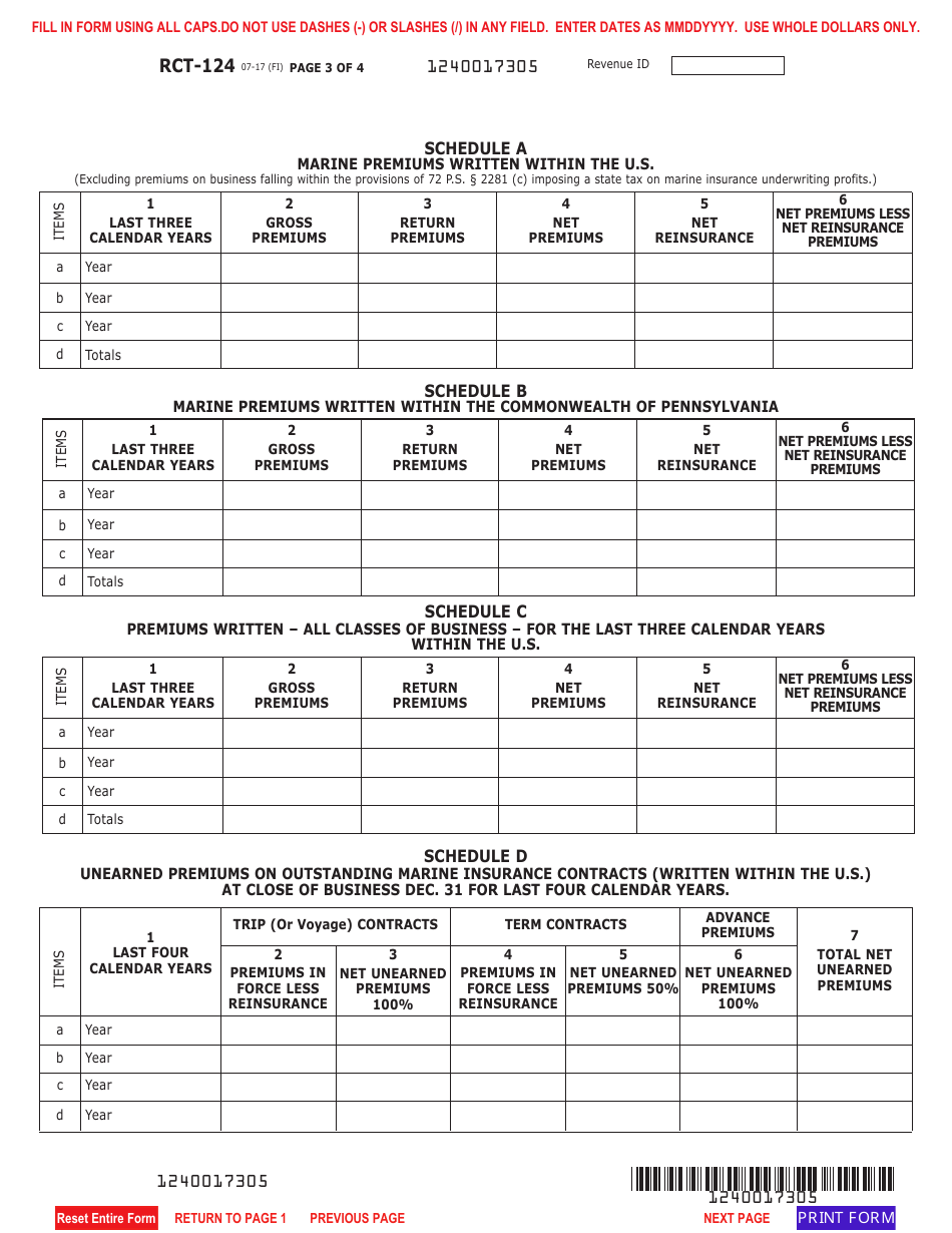 Form RCT-124 Underwriting Profits Tax - Domestic and Foreign Marine Insurance - Pennsylvania, Page 3