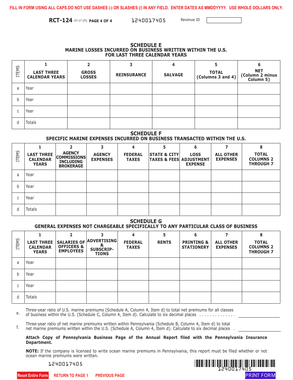 Form RCT-124 Underwriting Profits Tax - Domestic and Foreign Marine Insurance - Pennsylvania, Page 4