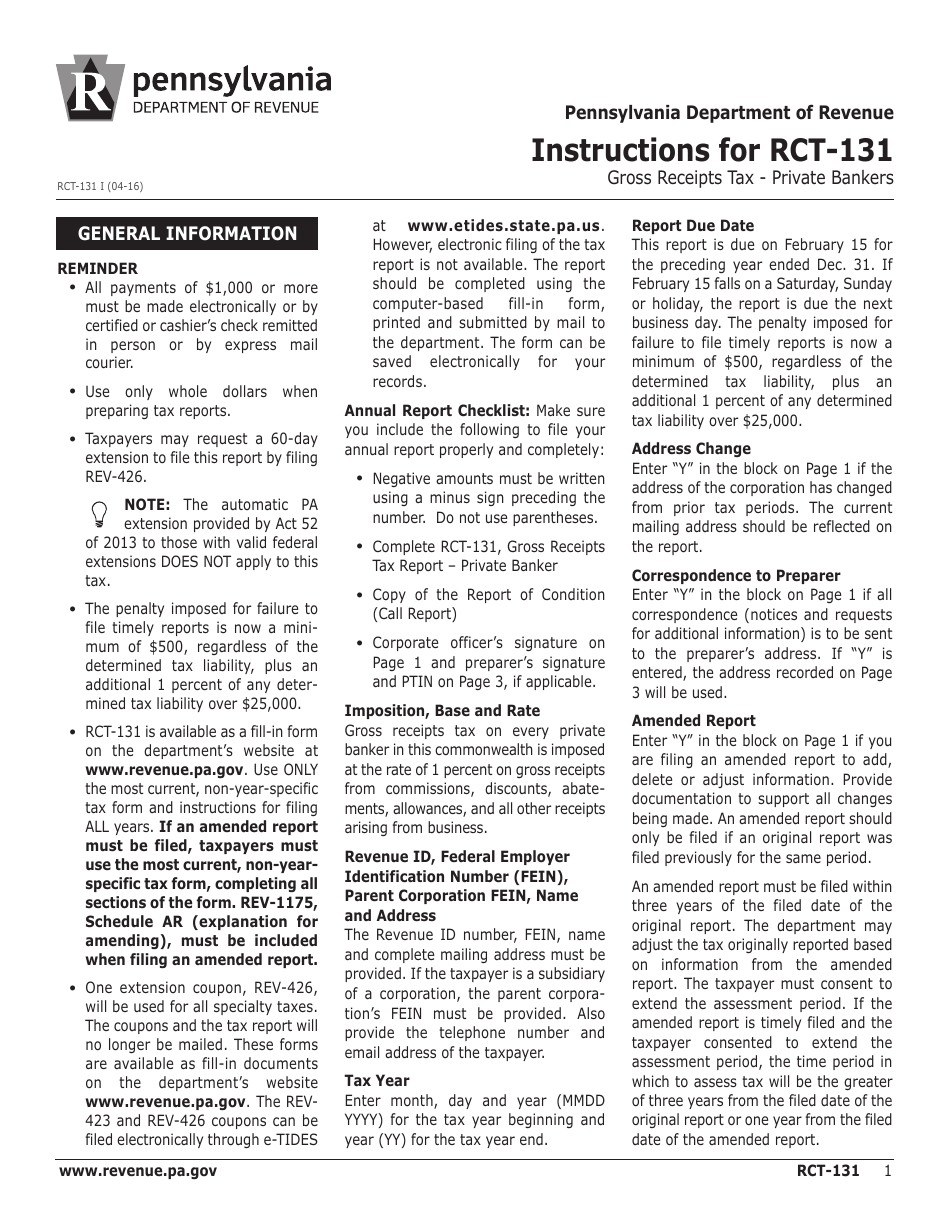 Instructions for Form RCT-131 Gross Receipts Tax - Private Bankers - Pennsylvania, Page 1