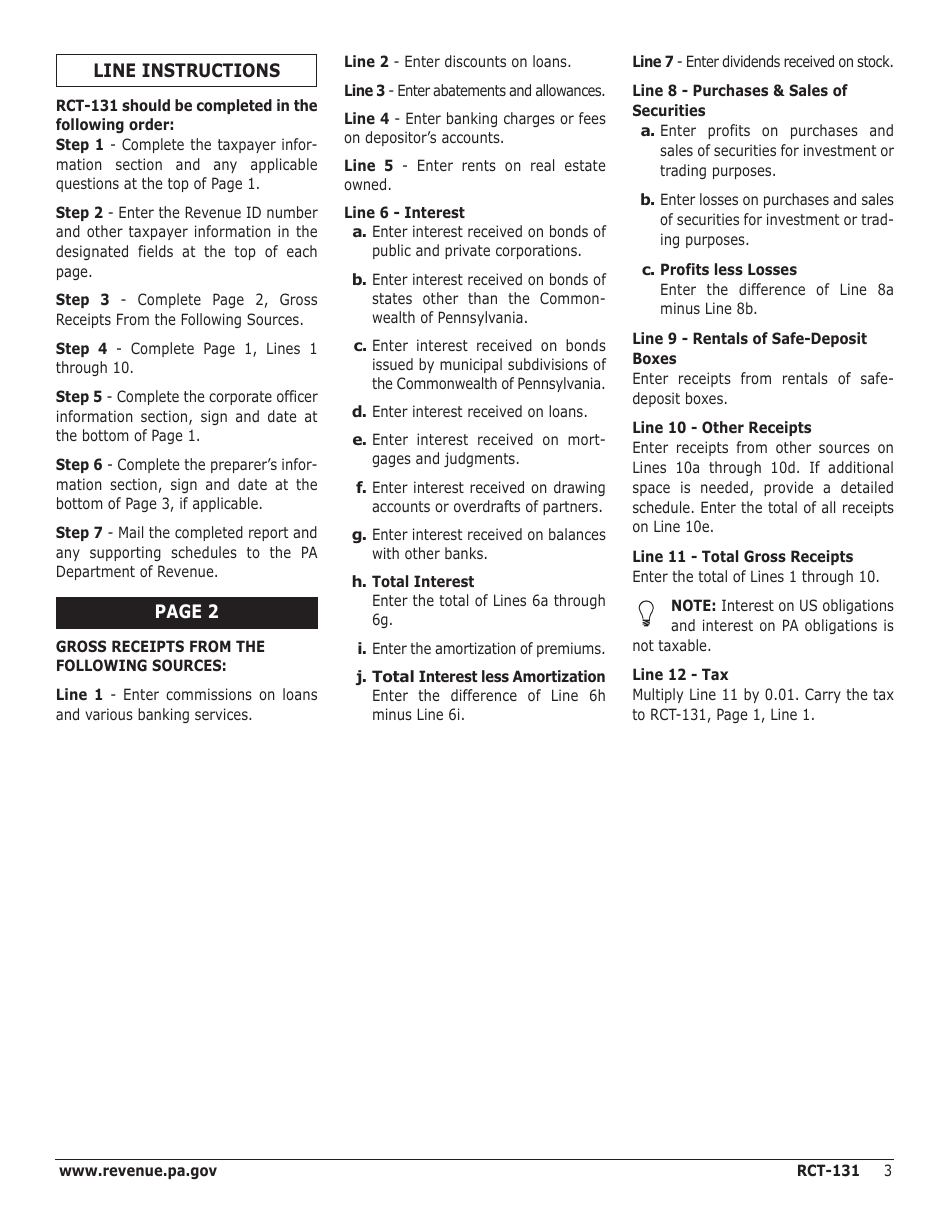 Instructions for Form RCT-131 Gross Receipts Tax - Private Bankers - Pennsylvania, Page 3