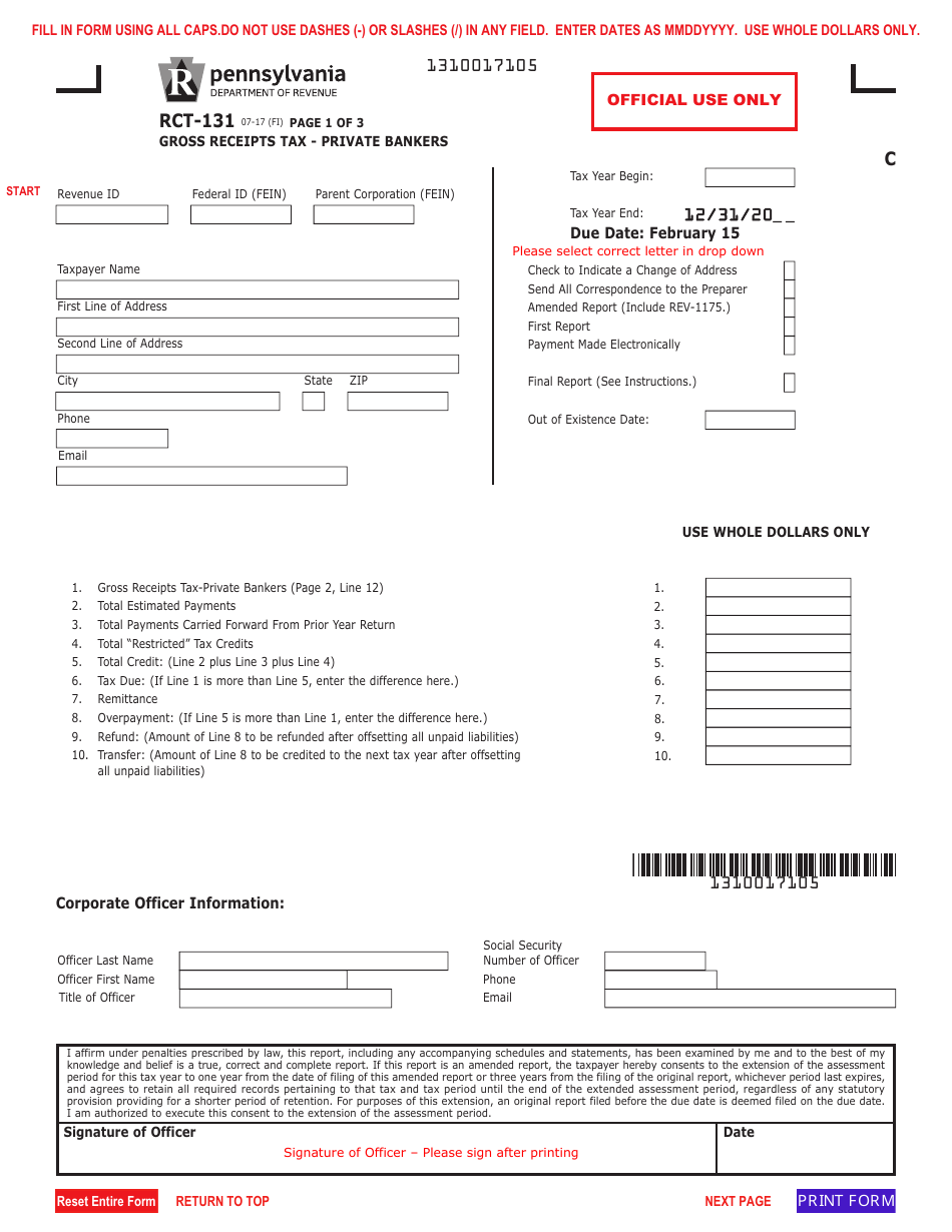 Form RCT-131 Gross Receipts Tax - Private Bankers - Pennsylvania, Page 1