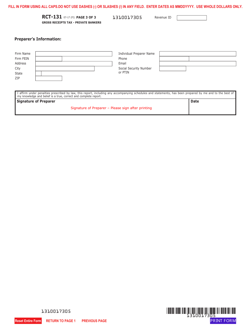 Form RCT-131 Gross Receipts Tax - Private Bankers - Pennsylvania, Page 3