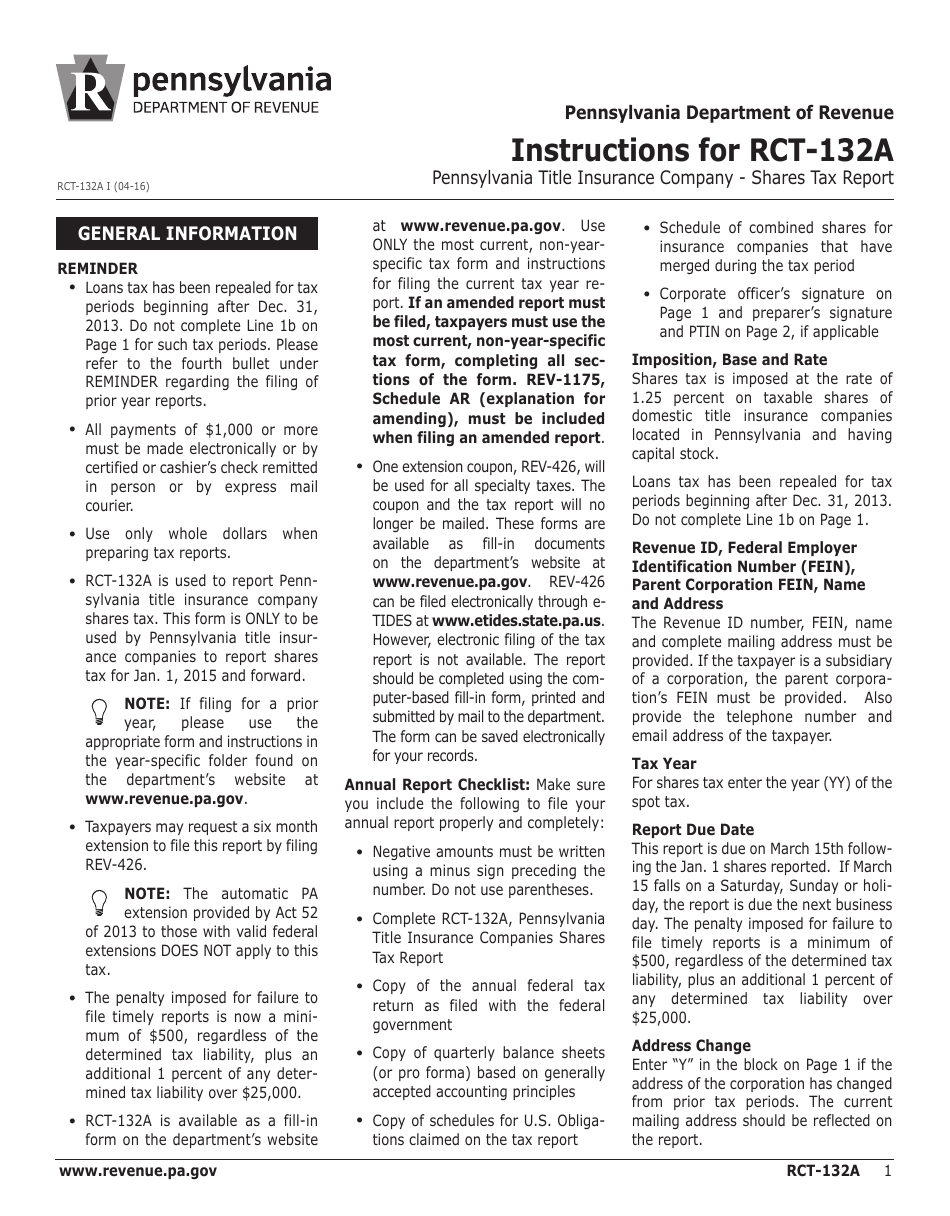 Instructions for Form RCT-132A Pennsylvania Title Insurance Company - Shares Tax Report - Pennsylvania, Page 1