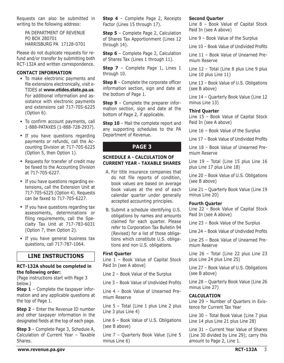 Instructions for Form RCT-132A Pennsylvania Title Insurance Company - Shares Tax Report - Pennsylvania, Page 3