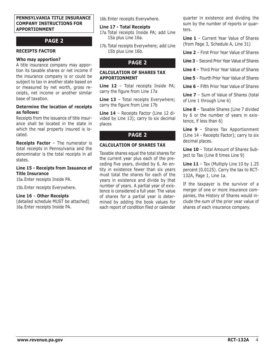 Instructions for Form RCT-132A Pennsylvania Title Insurance Company - Shares Tax Report - Pennsylvania, Page 4
