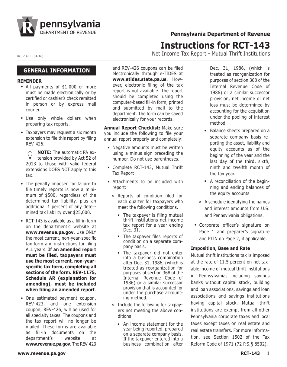 Instructions for Form RCT-143 Net Income Tax Report - Mutual Thrift Institutions - Pennsylvania, Page 1