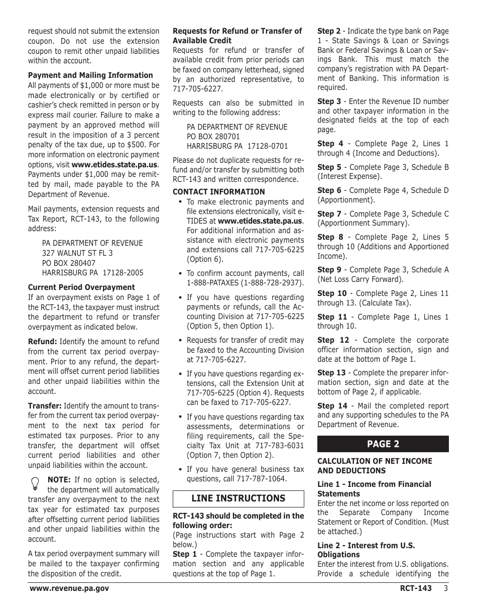 Instructions for Form RCT-143 Net Income Tax Report - Mutual Thrift Institutions - Pennsylvania, Page 3