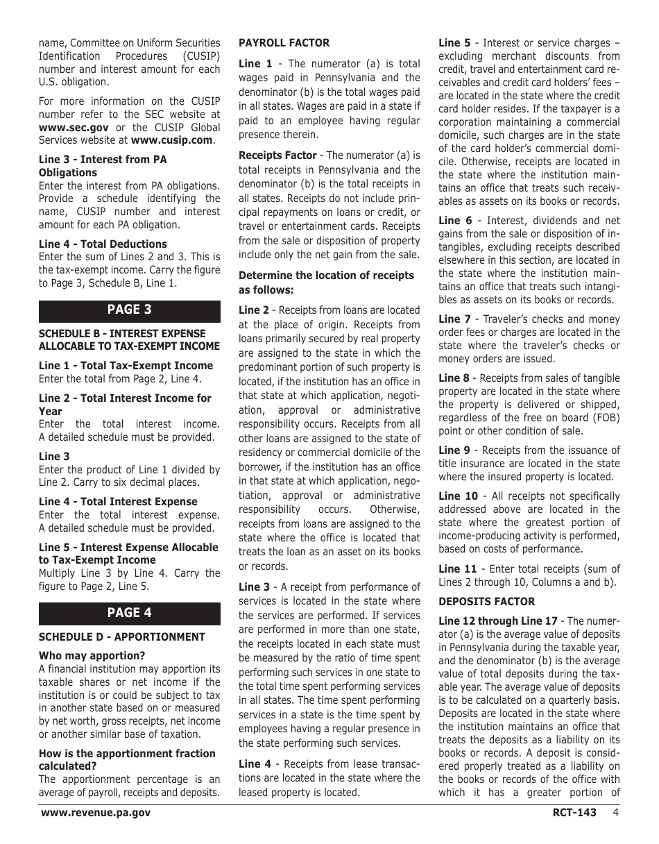 Instructions for Form RCT-143 Net Income Tax Report - Mutual Thrift Institutions - Pennsylvania, Page 4
