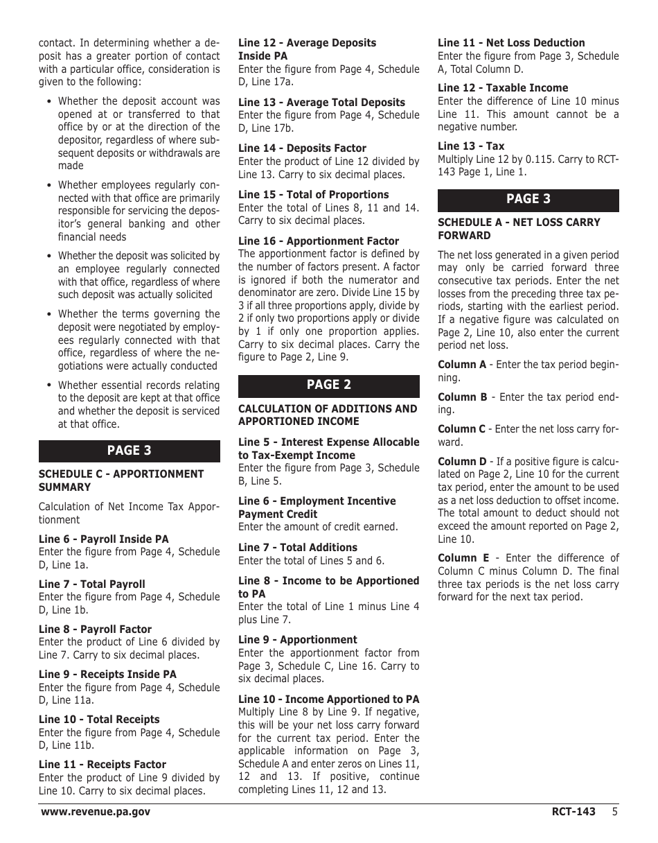Instructions for Form RCT-143 Net Income Tax Report - Mutual Thrift Institutions - Pennsylvania, Page 5