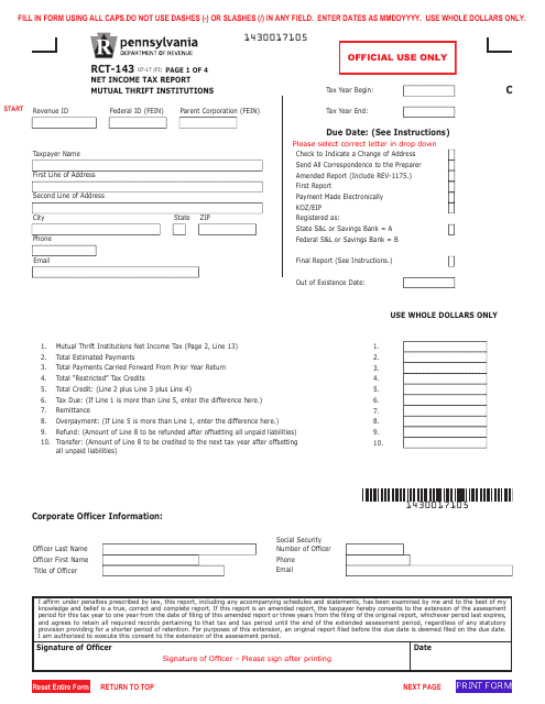 Form RCT-143 Net Income Tax Report - Mutual Thrift Institutions - Pennsylvania