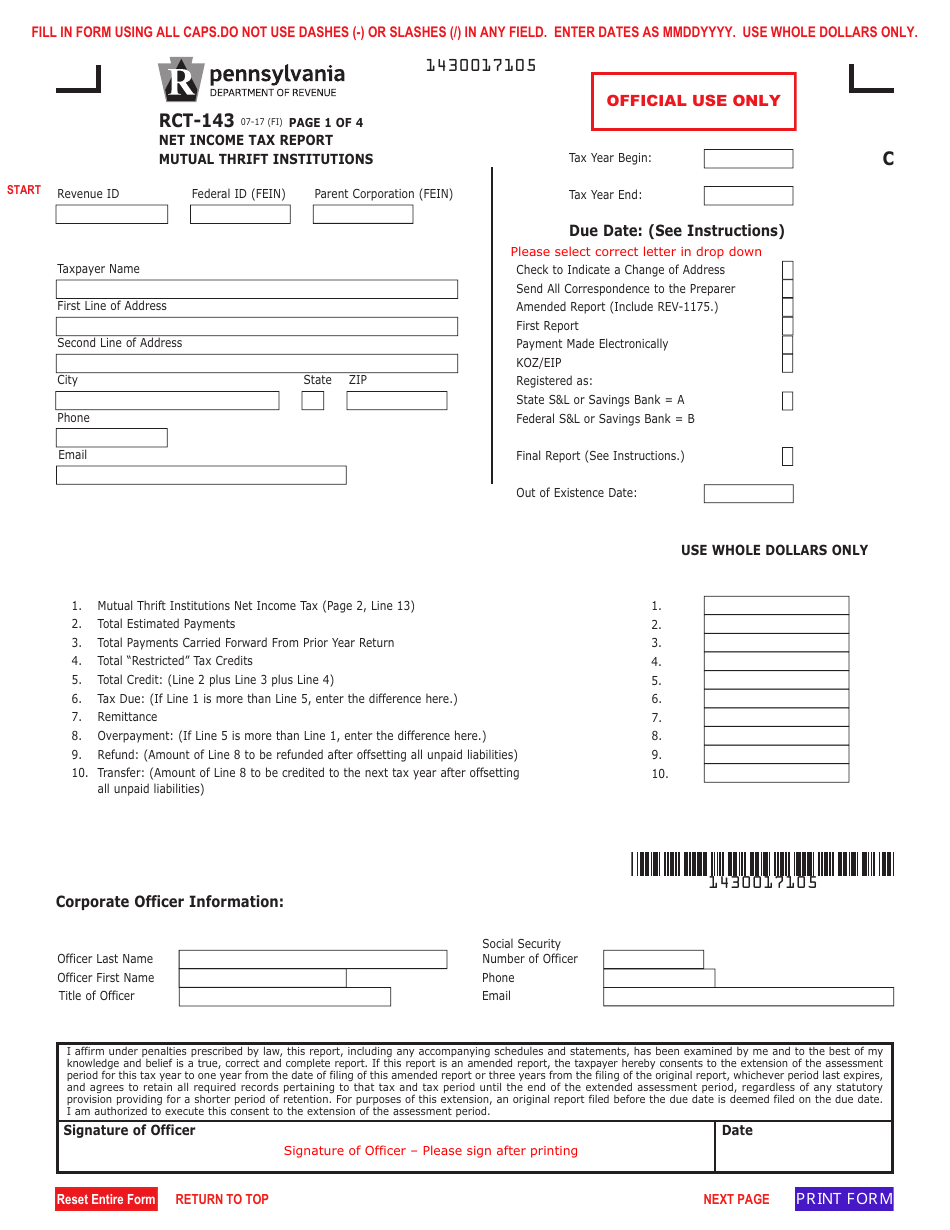Form RCT-143 Net Income Tax Report - Mutual Thrift Institutions - Pennsylvania, Page 1