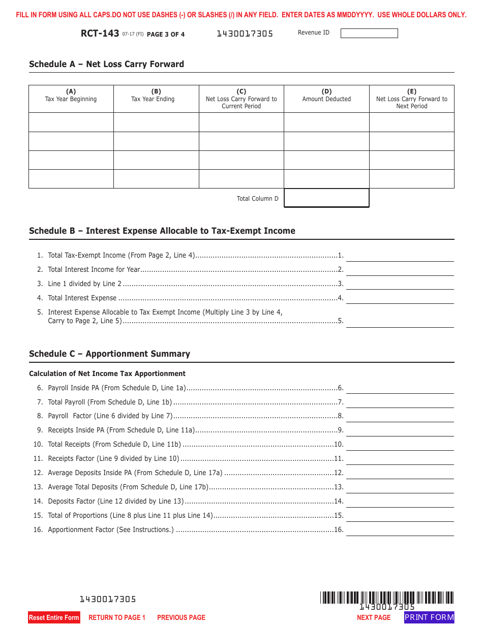 Form RCT-143 Net Income Tax Report - Mutual Thrift Institutions - Pennsylvania, Page 3