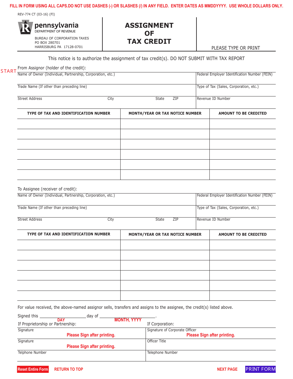 Form REV-774 CT Assignment of Tax Credit - Pennsylvania, Page 1