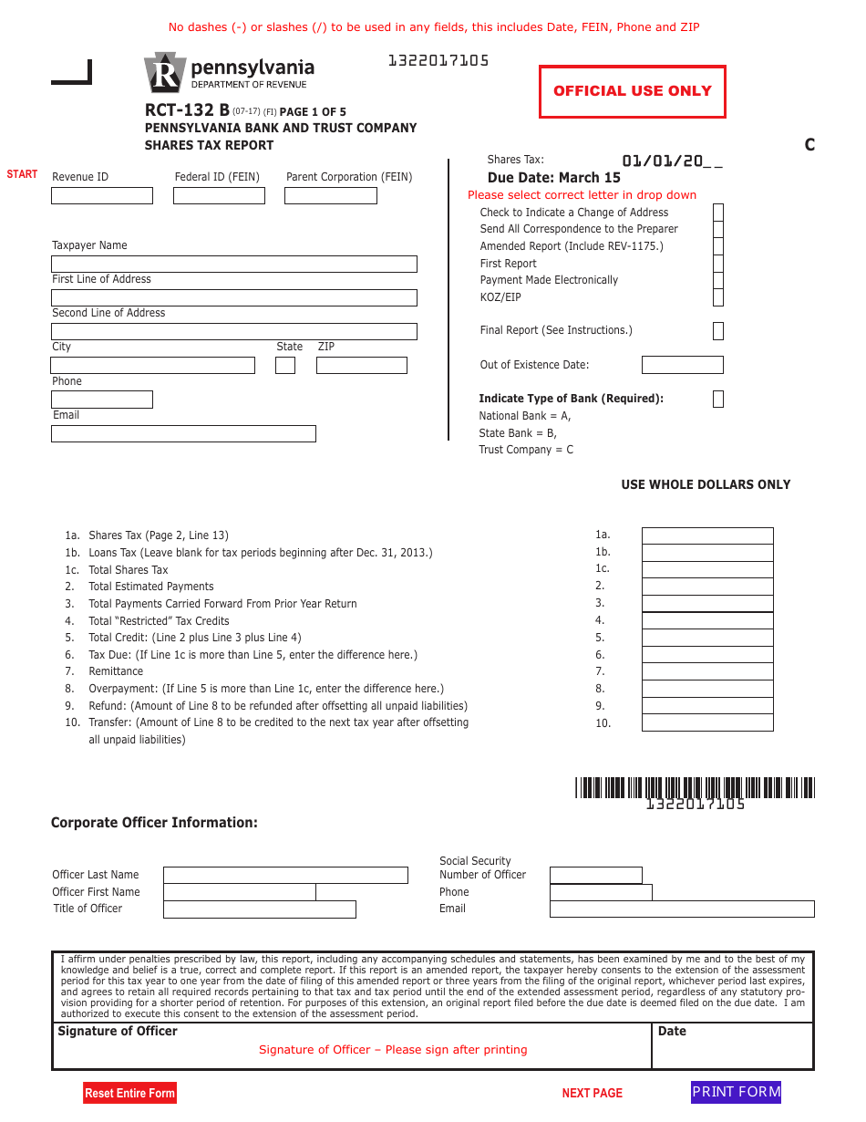 Form RCT-132 B Pennsylvania Bank and Trust Company Shares Tax Report - Pennsylvania, Page 1