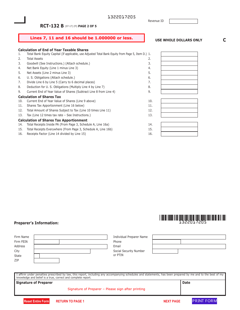 Form RCT-132 B Pennsylvania Bank and Trust Company Shares Tax Report - Pennsylvania, Page 2