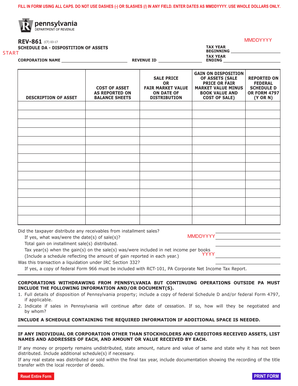 Form REV-861 Schedule DA Dispostition of Assets - Pennsylvania, Page 1