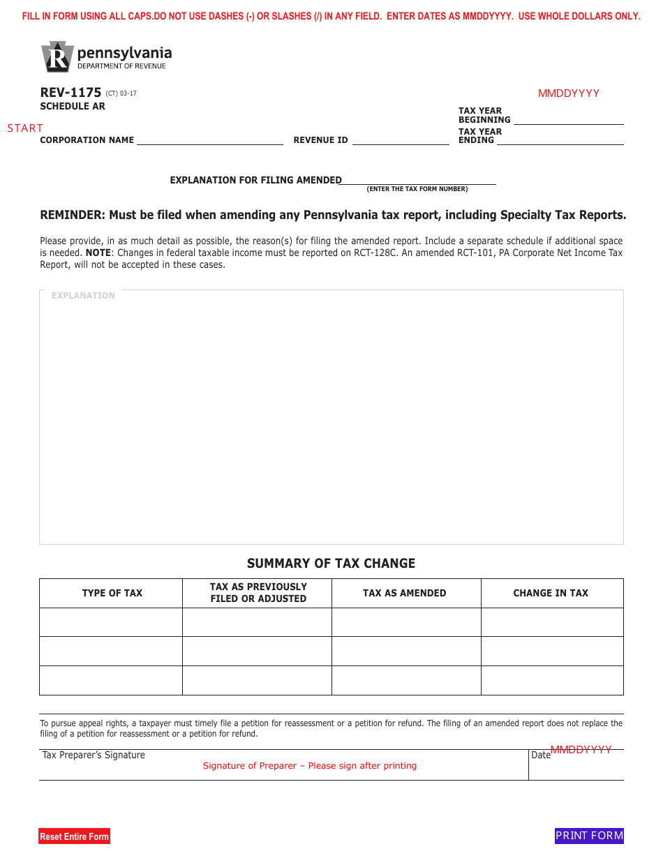 Form REV-1175 Schedule AR - Pennsylvania, Page 1