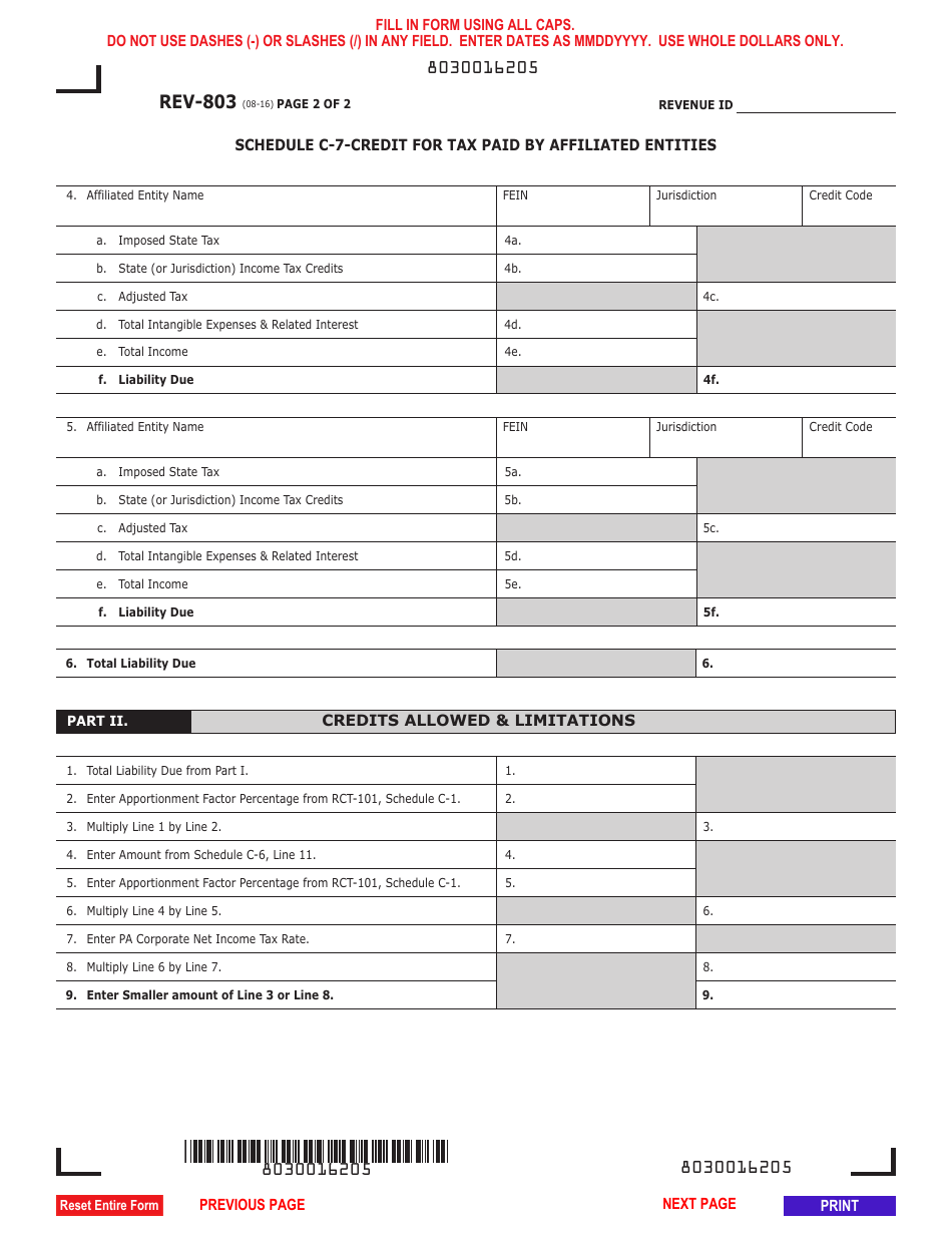 Form REV-803 Schedule C-7 Credit for Tax Paid by Affiliated Entities - Pennsylvania, Page 2