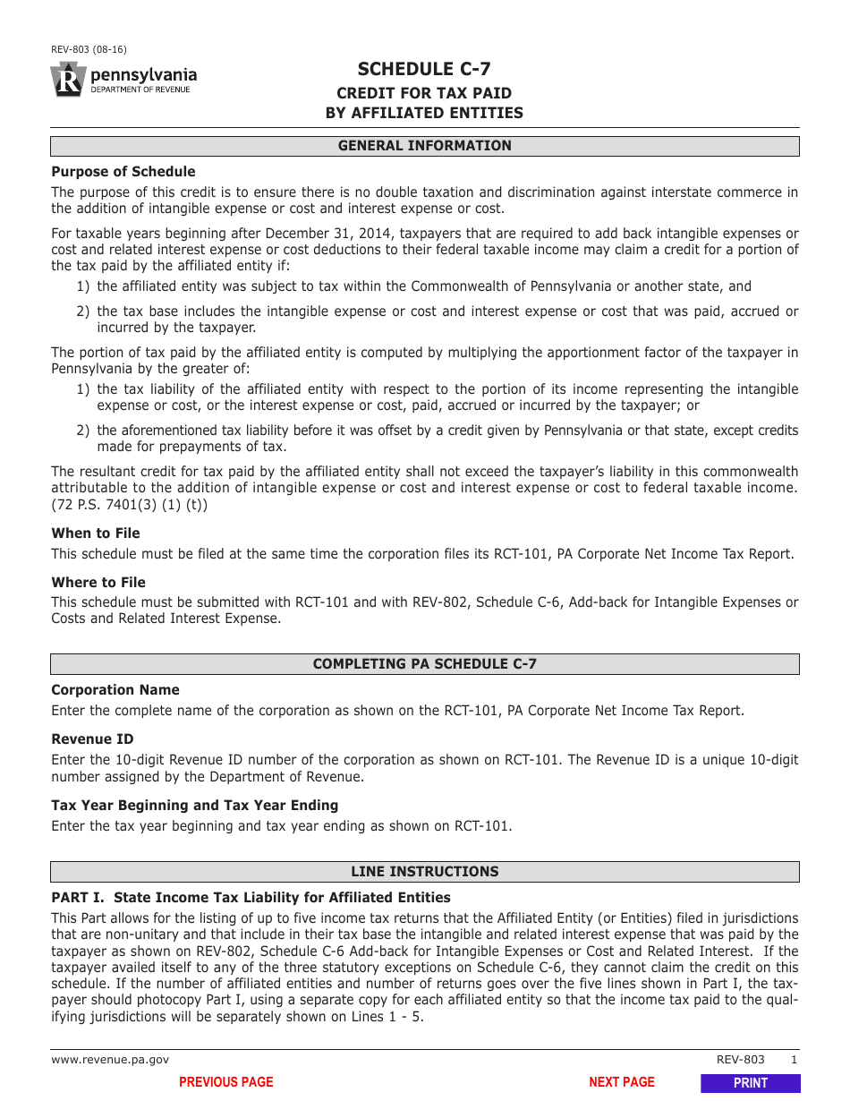 Form REV-803 Schedule C-7 Credit for Tax Paid by Affiliated Entities - Pennsylvania, Page 3