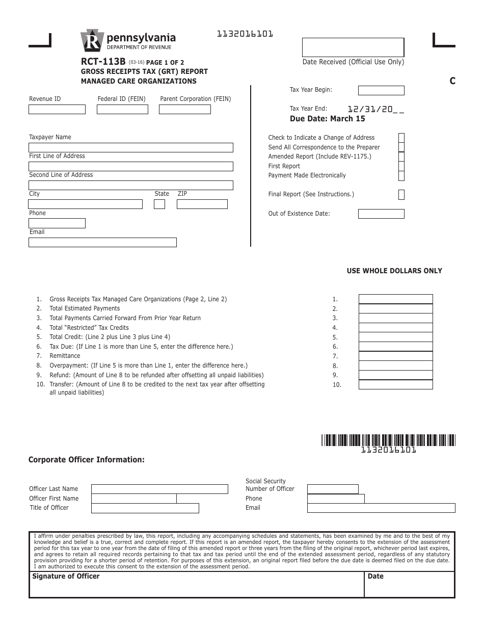 Form RCT-113B Gross Receipts Tax (Grt) Report - Managed Care Organization - Pennsylvania, Page 1