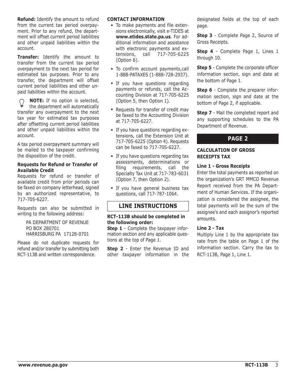 Instructions for Form RCT-113B Gross Receipts Tax (Grt) Report - Managed Care Organizations - Pennsylvania, Page 3