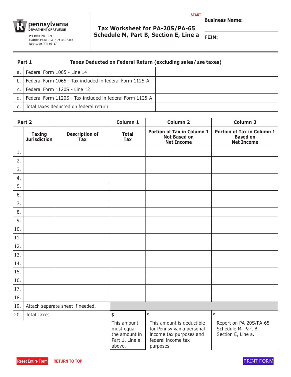 Form REV-1190 Tax Worksheet for Pa-20s / Pa-65 Schedule M, Part B, Section E, Line a - Pennsylvania, Page 1
