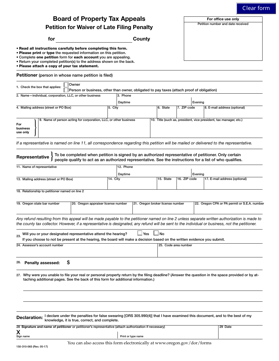 Form 150-310-065 Petition for Waiver of Late Filing Penalty - Oregon, Page 1