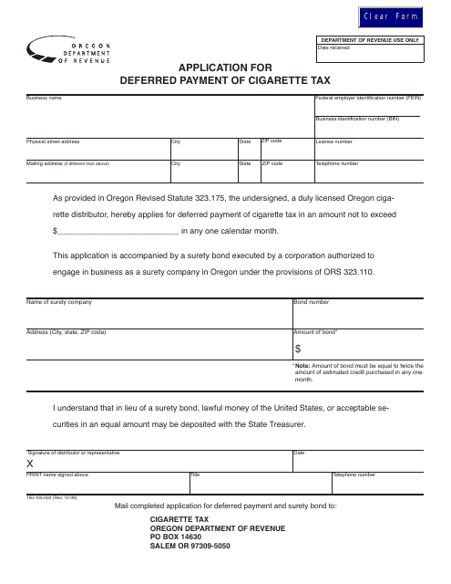 Form 150-105-002 Application for Deferred Payment of Cigarette Tax - Oregon