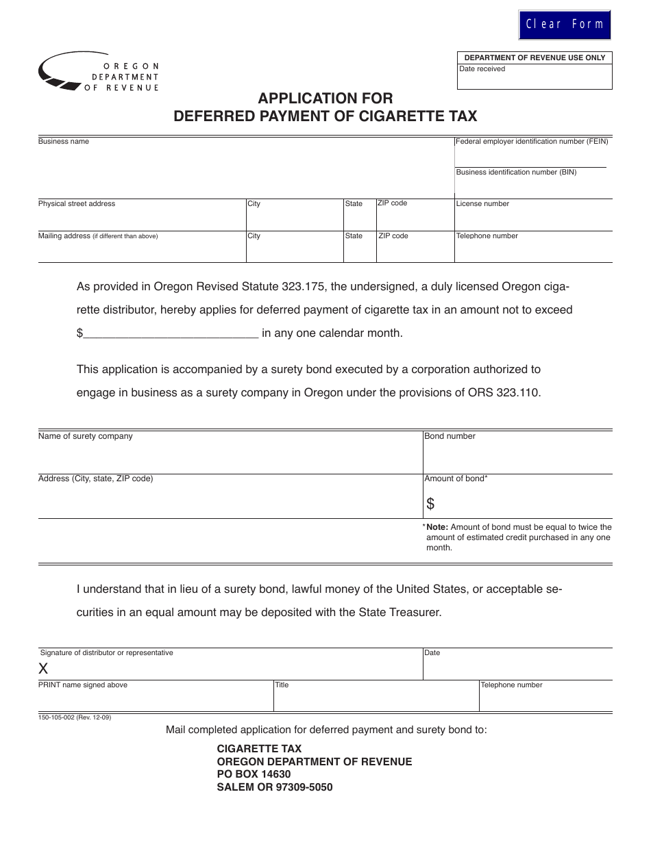 Form 150-105-002 Application for Deferred Payment of Cigarette Tax - Oregon, Page 1
