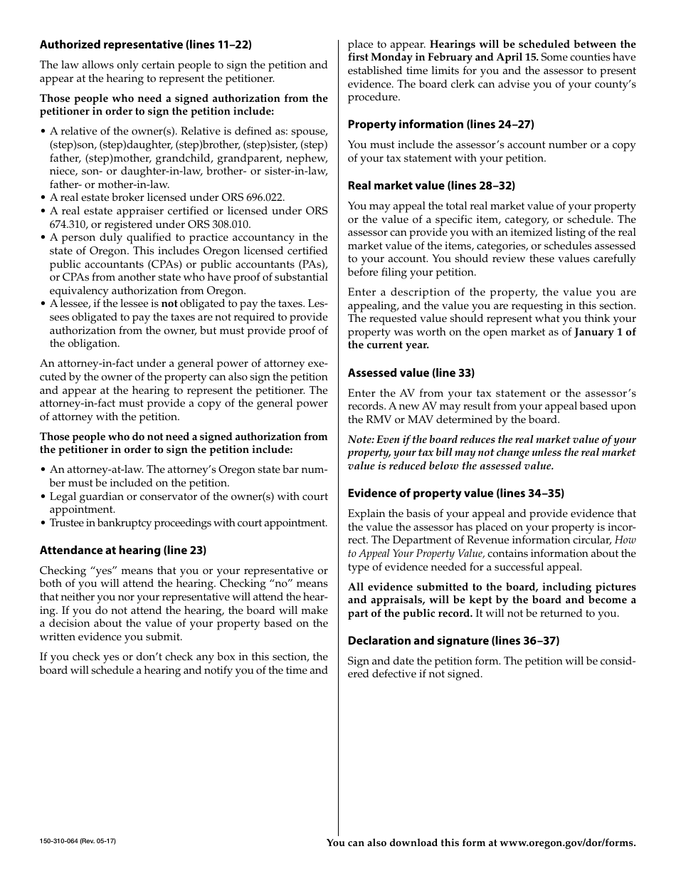 Form 150-310-064 Board of Property Tax Appeals Personal Property Petition - Oregon, Page 2