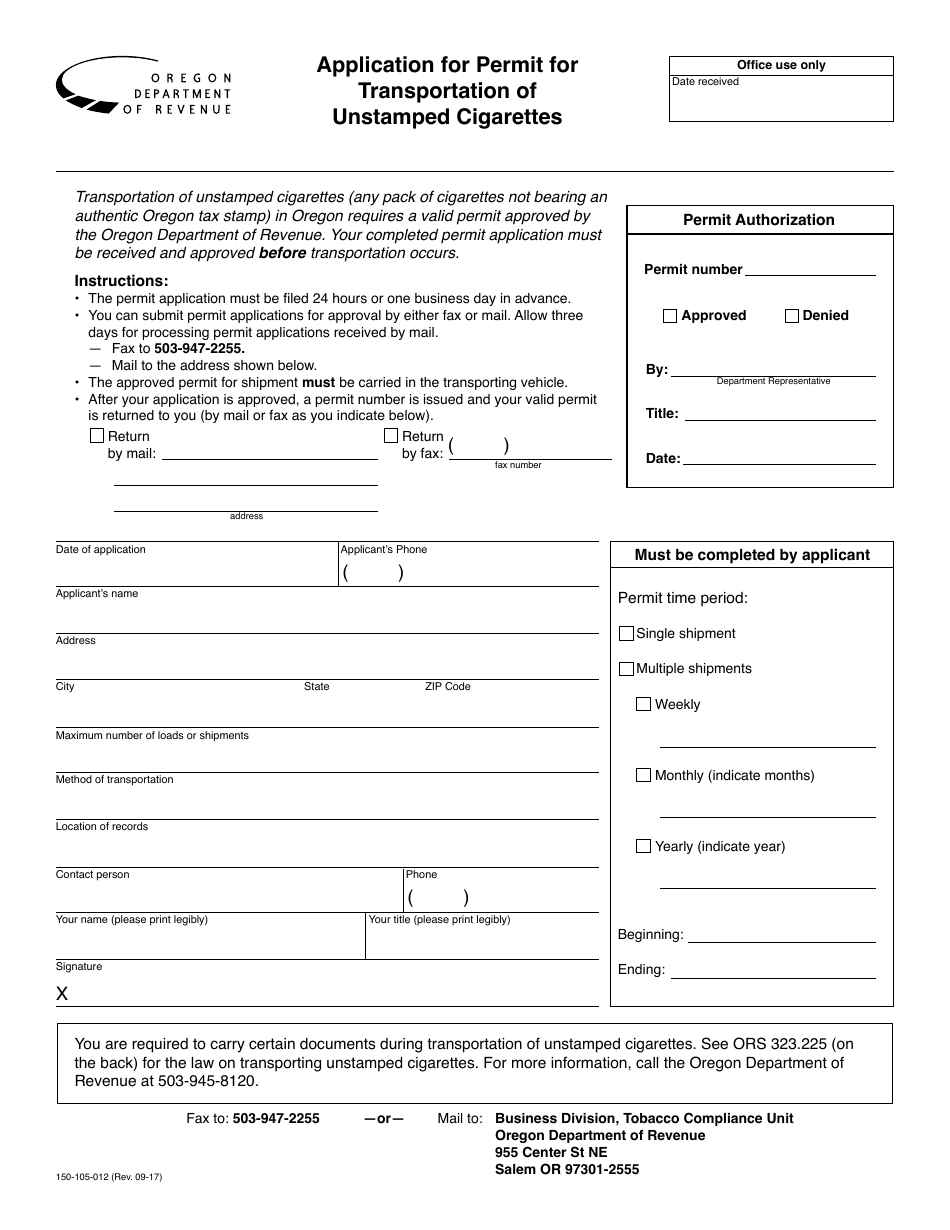 Form 150-105-012 Application for Permit for Transportation of Unstamped Cigarettes - Oregon, Page 1