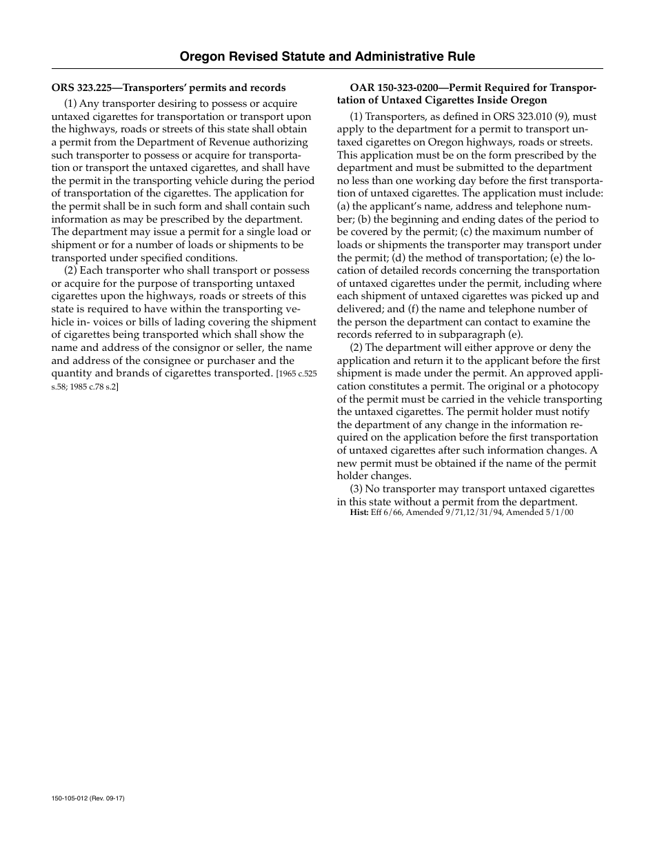 Form 150-105-012 Application for Permit for Transportation of Unstamped Cigarettes - Oregon, Page 2