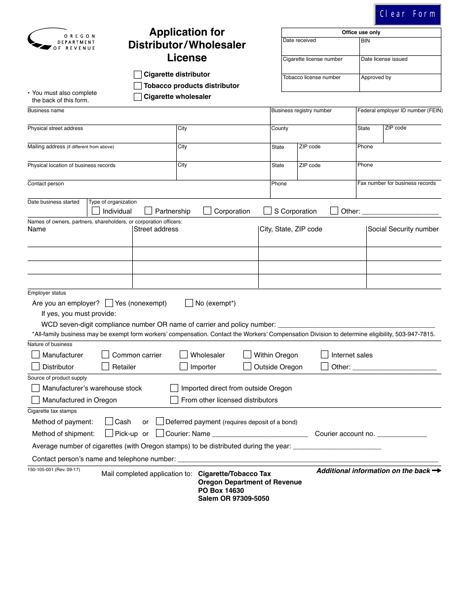 Form 150-105-001 Application for Distributor / Wholesaler License - Oregon, Page 1