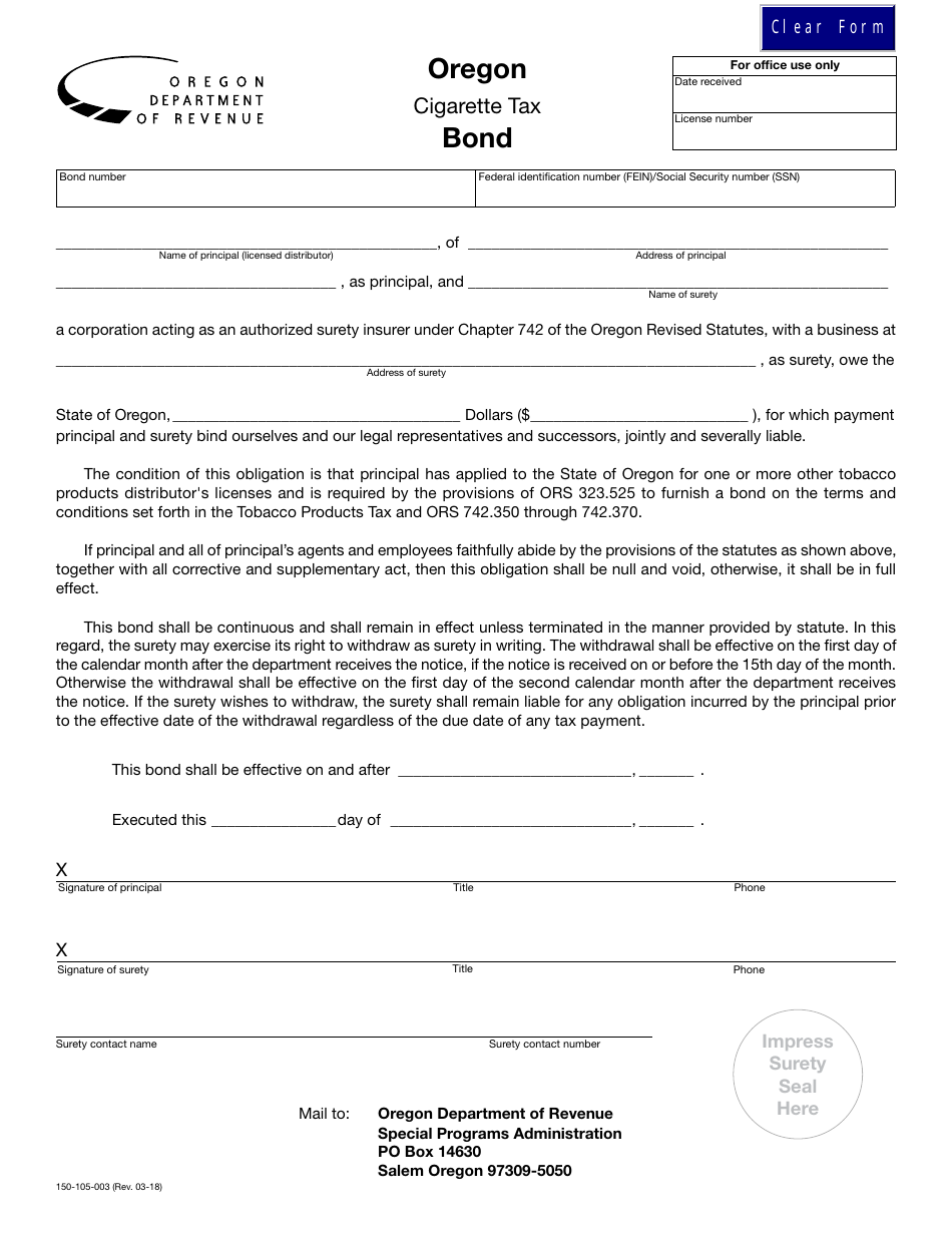 Form 150-105-003 Cigarette Tax Bond - Oregon, Page 1