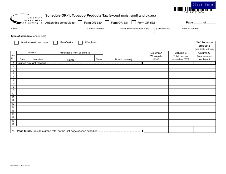 Form 150-605-011 Schedule OR-1 Tobacco Products Tax (Except Moist Snuff and Cigars) - Oregon, Page 1
